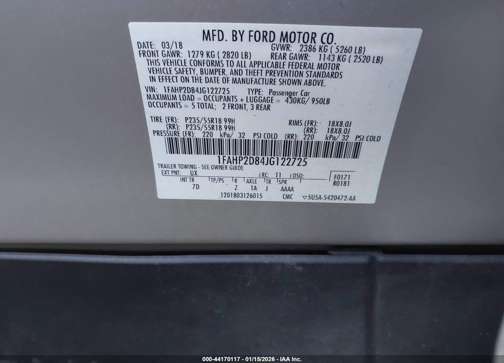2018 FORD TAURUS SE VIN: 1FAHP2D84JG122725