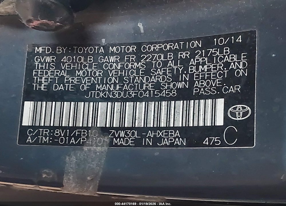 2015 TOYOTA PRIUS THREE VIN: JTDKN3DU3F0415458