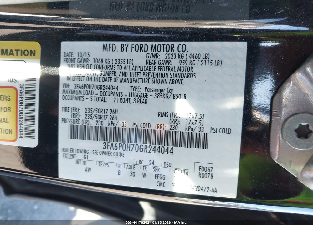 2016 FORD FUSION SE VIN: 3FA6P0H70GR244044