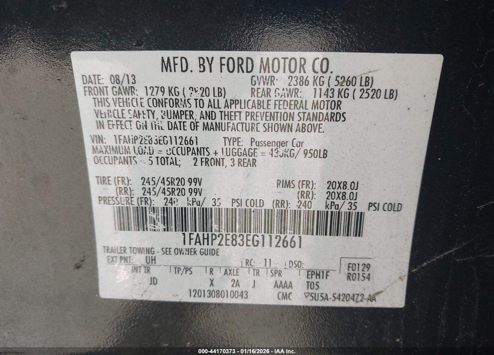 2014 FORD TAURUS SEL VIN: 1FAHP2E83EG112661