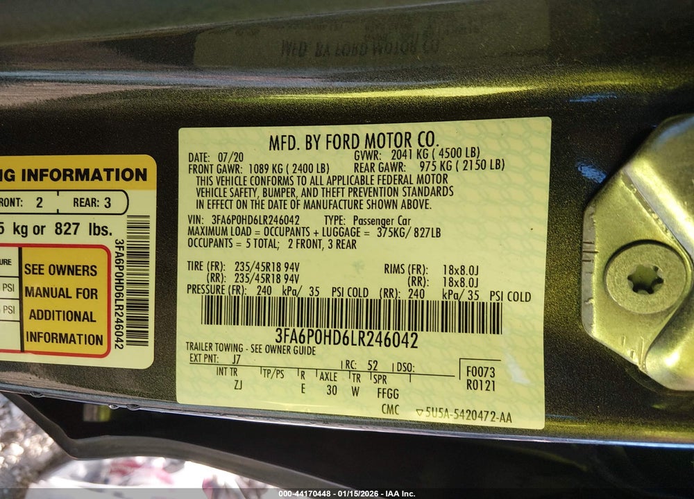 2020 FORD FUSION SE VIN: 3FA6P0HD6LR246042
