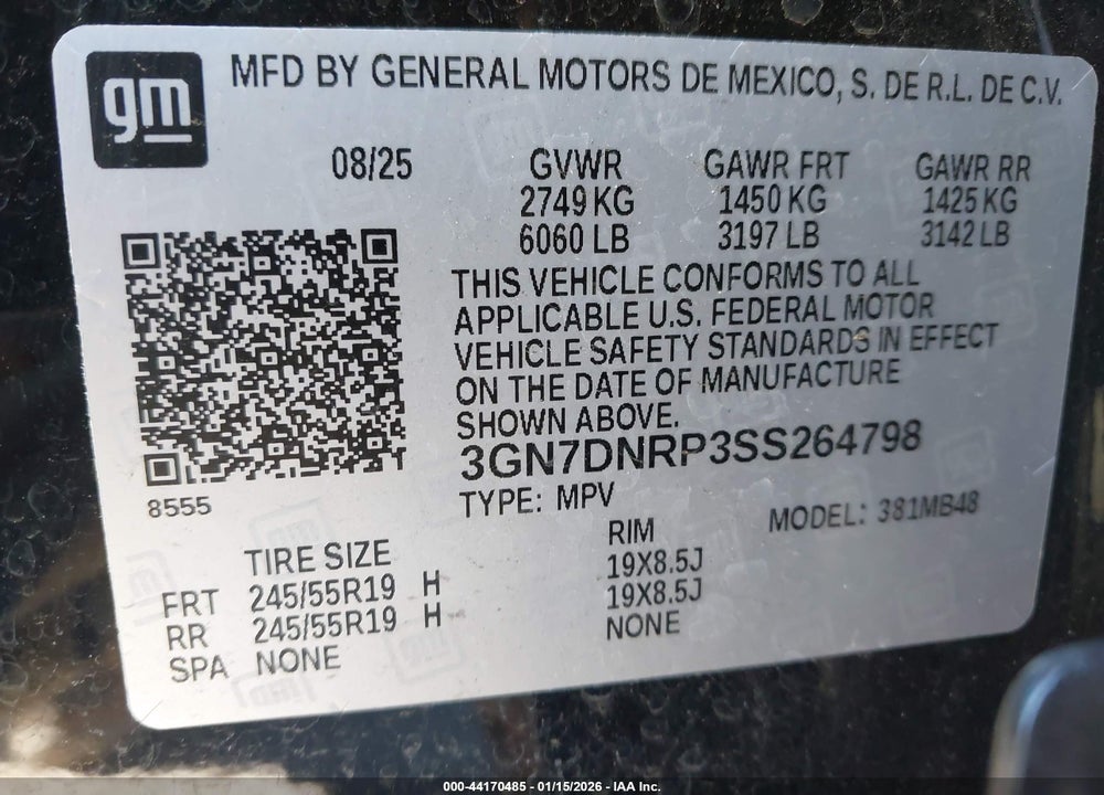2025 CHEVROLET EQUINOX EV LT 2 VIN: 3GN7DNRP3SS264798