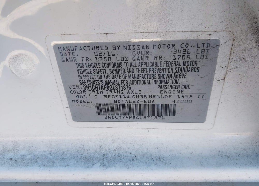 2016 NISSAN VERSA 1.6 SV VIN: 3N1CN7AP8GL871876