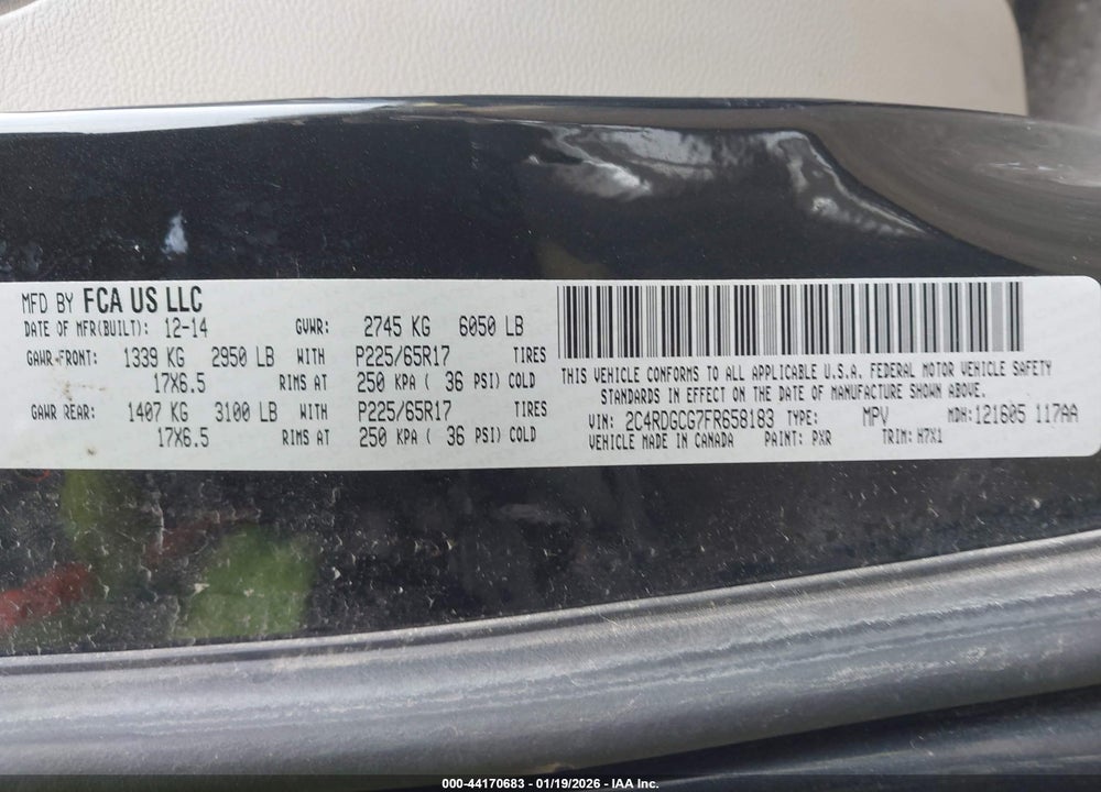 2015 DODGE GRAND CARAVAN SXT VIN: 2C4RDGCG7FR658183