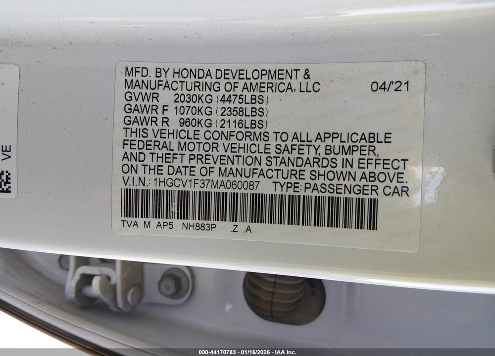 2021 HONDA ACCORD SPORT VIN: 1HGCV1F37MA060087