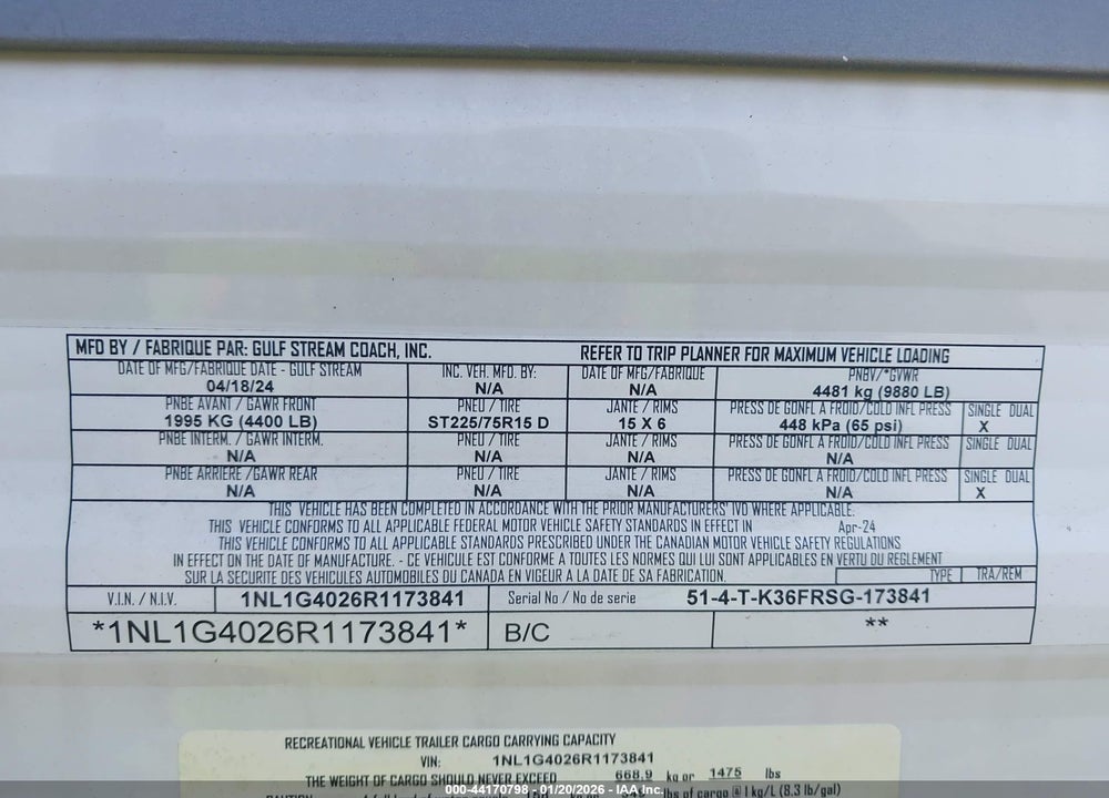 2024 GULFSTREAM KINGSPORT VIN: 1NL1G4026R1173841