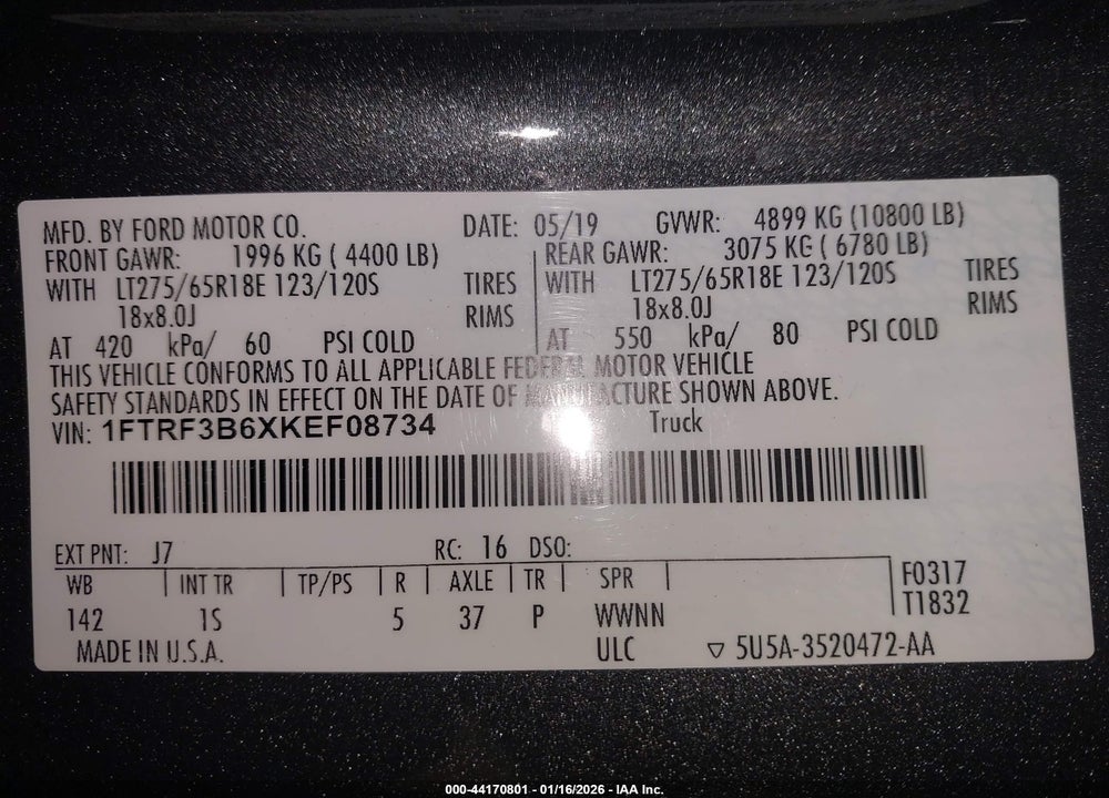 2019 FORD F-350 XL VIN: 1FTRF3B6XKEF08734
