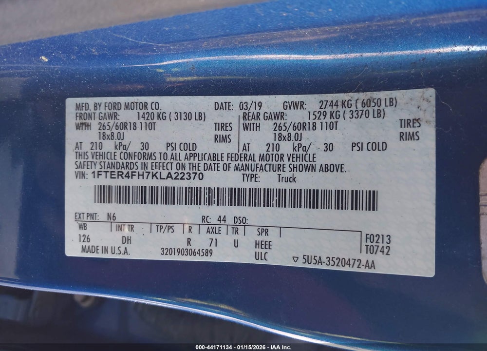 2019 FORD RANGER LARIAT VIN: 1FTER4FH7KLA22370