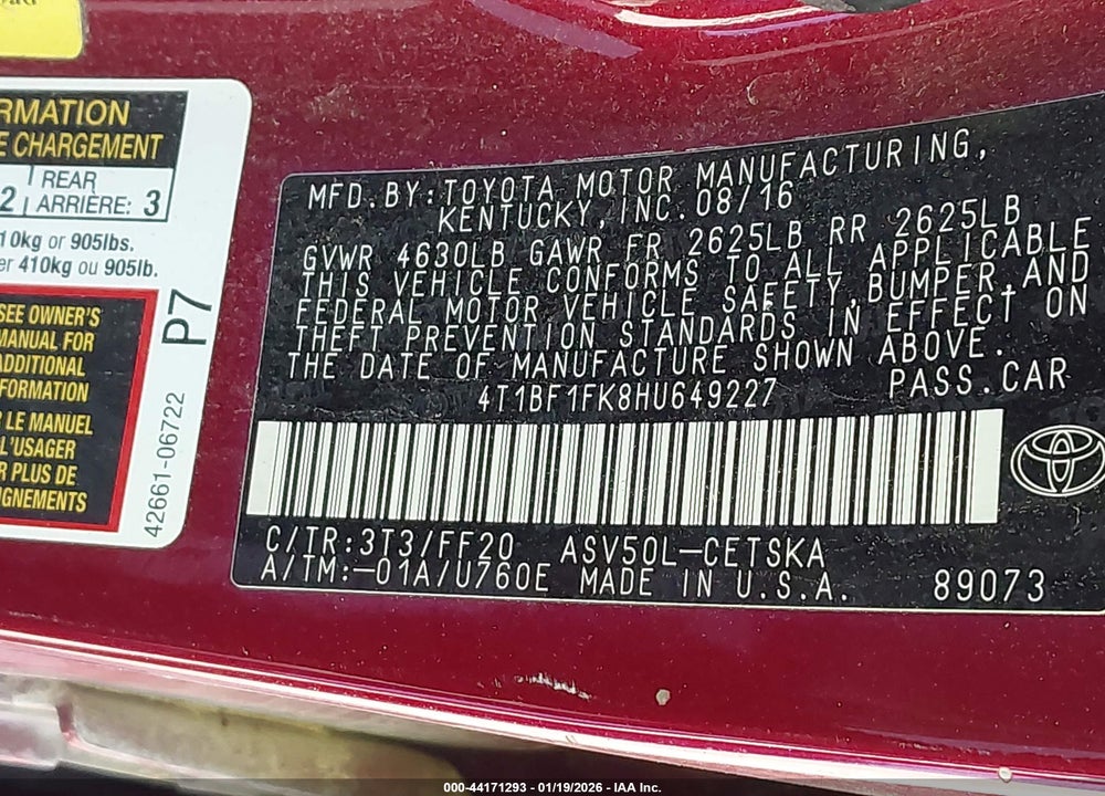 2017 TOYOTA CAMRY SE VIN: 4T1BF1FK8HU649227