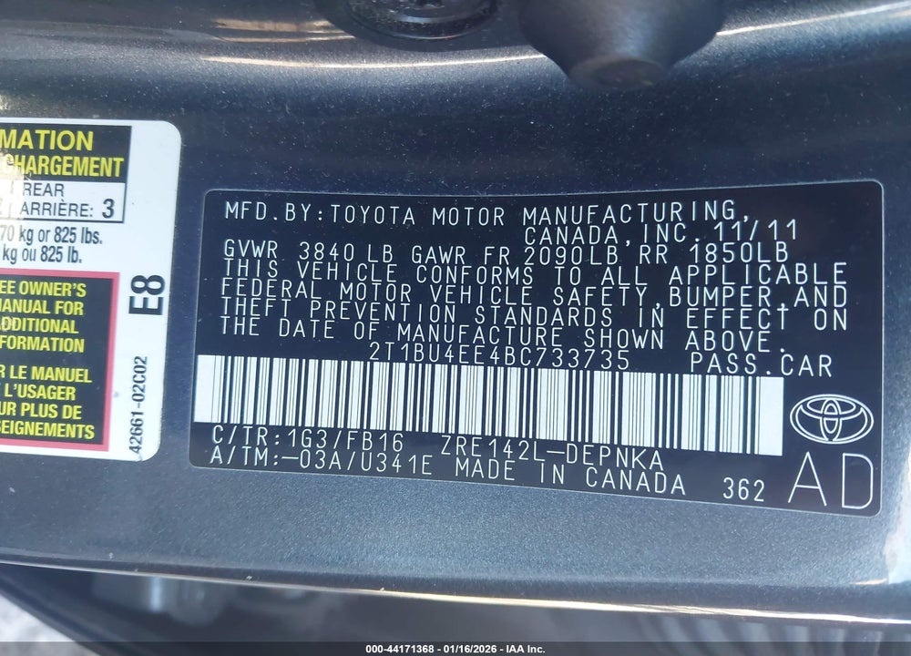 2011 TOYOTA COROLLA L/LE/S VIN: 2T1BU4EE4BC733735