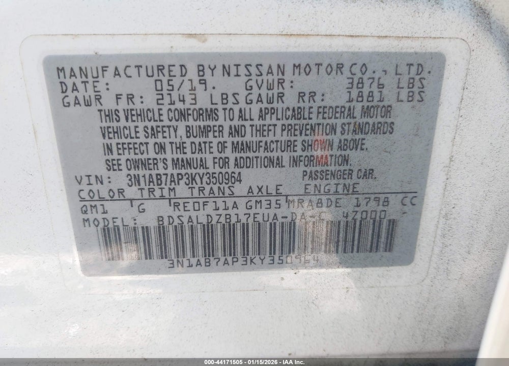 2019 NISSAN SENTRA SV VIN: 3N1AB7AP3KY350964