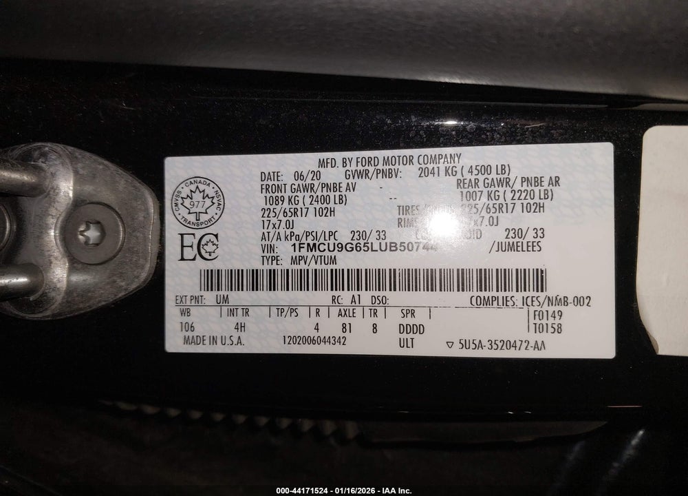 2020 FORD ESCAPE SE VIN: 1FMCU9G65LUB50744