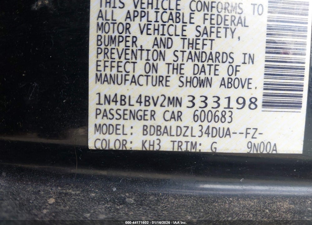 2021 NISSAN ALTIMA S FWD VIN: 1N4BL4BV2MN333198