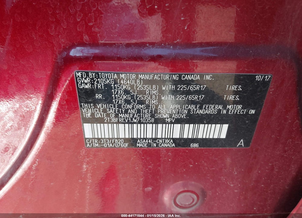2018 TOYOTA RAV4 LE VIN: 2T3BFREV1JW710358