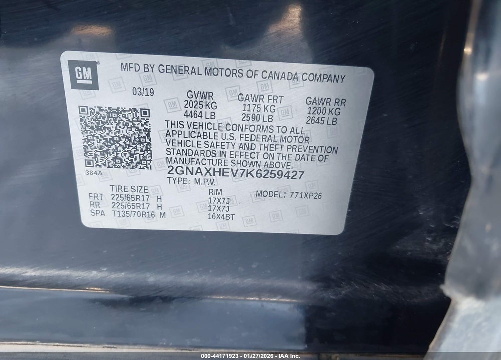 2019 CHEVROLET EQUINOX LS VIN: 2GNAXHEV7K6259427