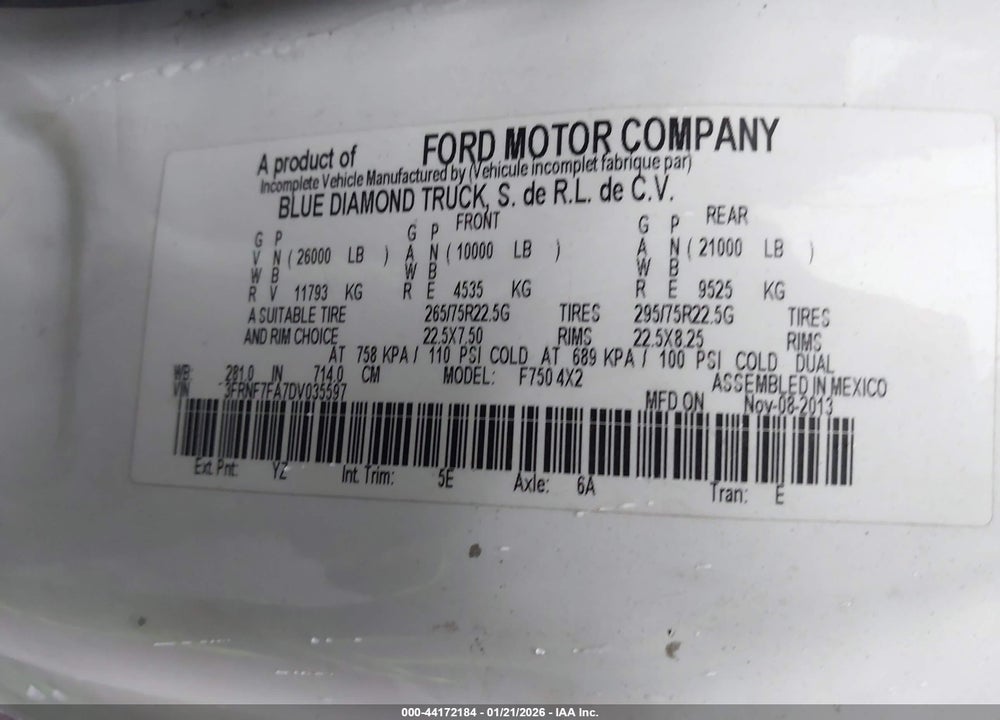 2013 FORD F-750 XL/XLT VIN: 3FRNF7FA7DV035597