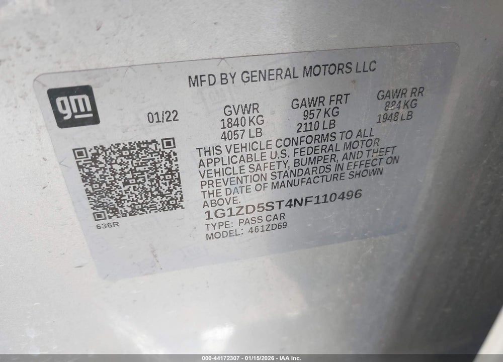 2022 CHEVROLET MALIBU FWD LT VIN: 1G1ZD5ST4NF110496