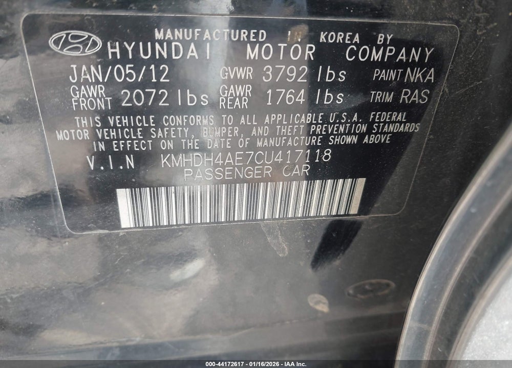 2012 HYUNDAI ELANTRA GLS (ULSAN PLANT) VIN: KMHDH4AE7CU417118