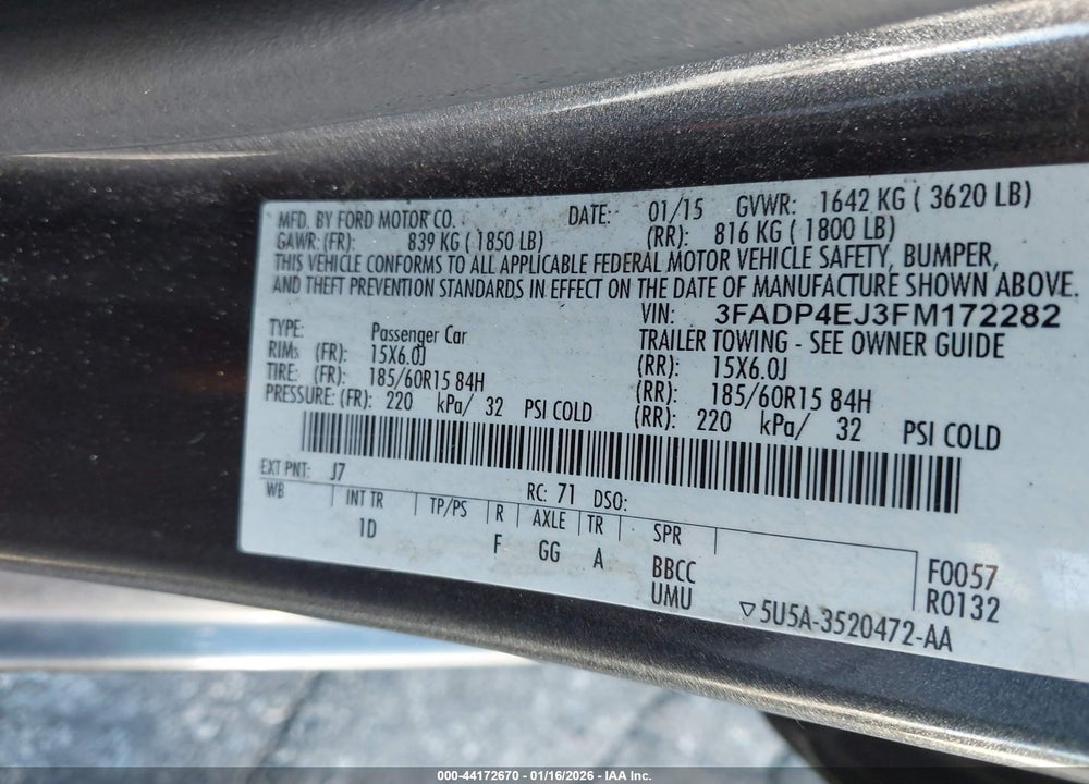 2015 FORD FIESTA SE VIN: 3FADP4EJ3FM172282
