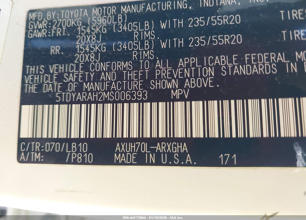2021 TOYOTA HIGHLANDER HYBRID LIMITED VIN: 5TDYARAH2MS006393