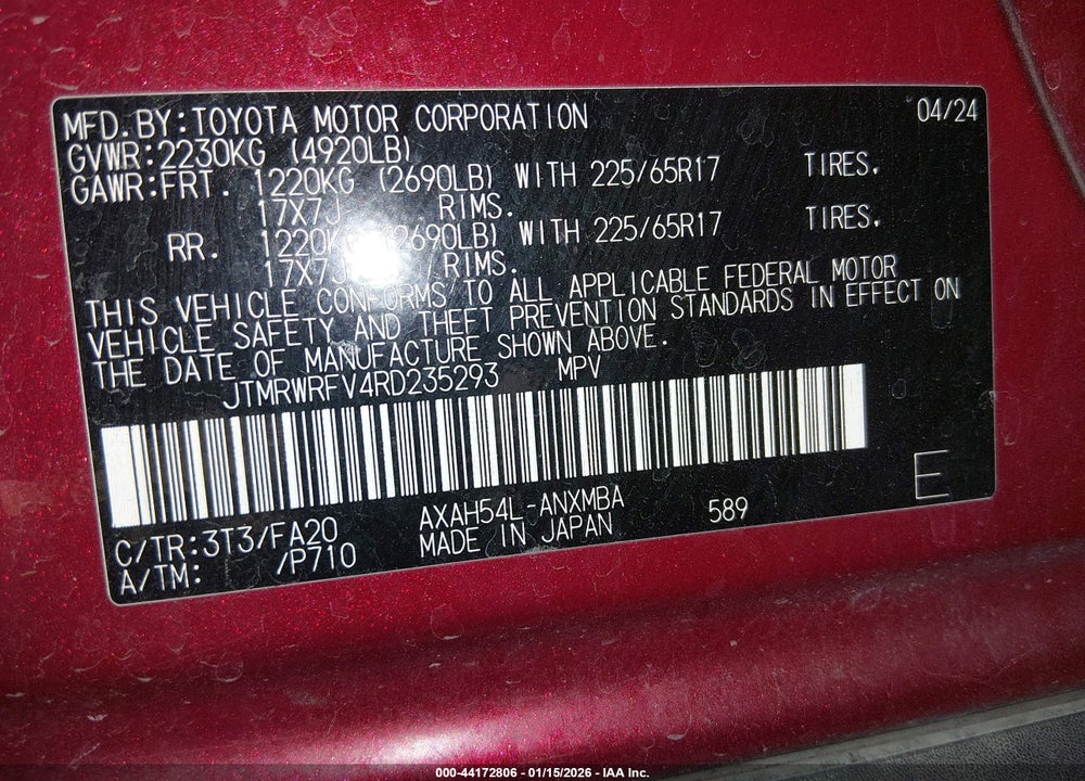 2024 TOYOTA RAV4 HYBRID XLE VIN: JTMRWRFV4RD235293