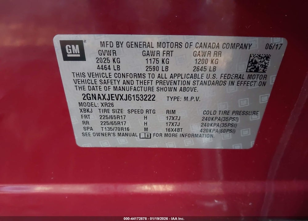 2018 CHEVROLET EQUINOX LT VIN: 2GNAXJEVXJ6153222