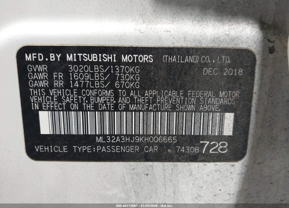 2019 MITSUBISHI MIRAGE ES VIN: ML32A3HJ9KH006665