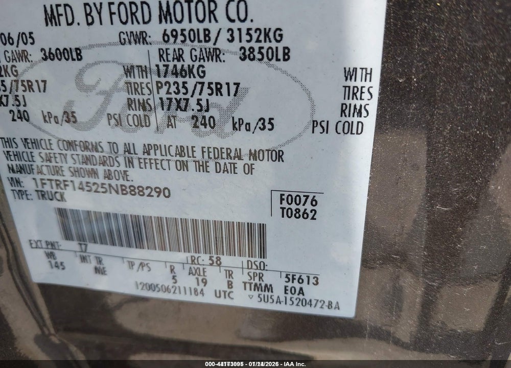 2005 FORD F-150 FX4/XL/XLT VIN: 1FTRF14525NB88290
