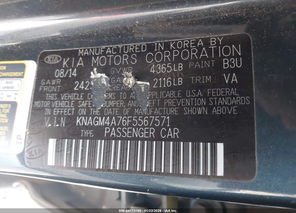 2015 KIA OPTIMA LX VIN: KNAGM4A76F5567571