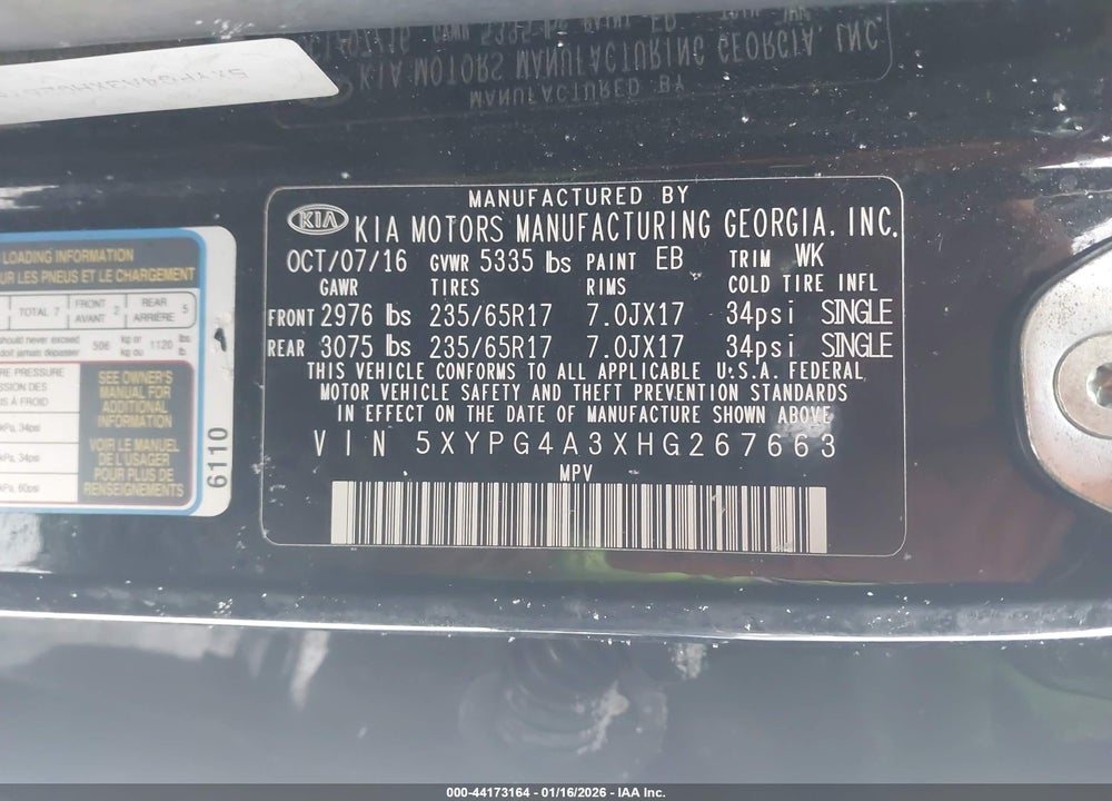 2017 KIA SORENTO 2.4L LX VIN: 5XYPG4A3XHG267663