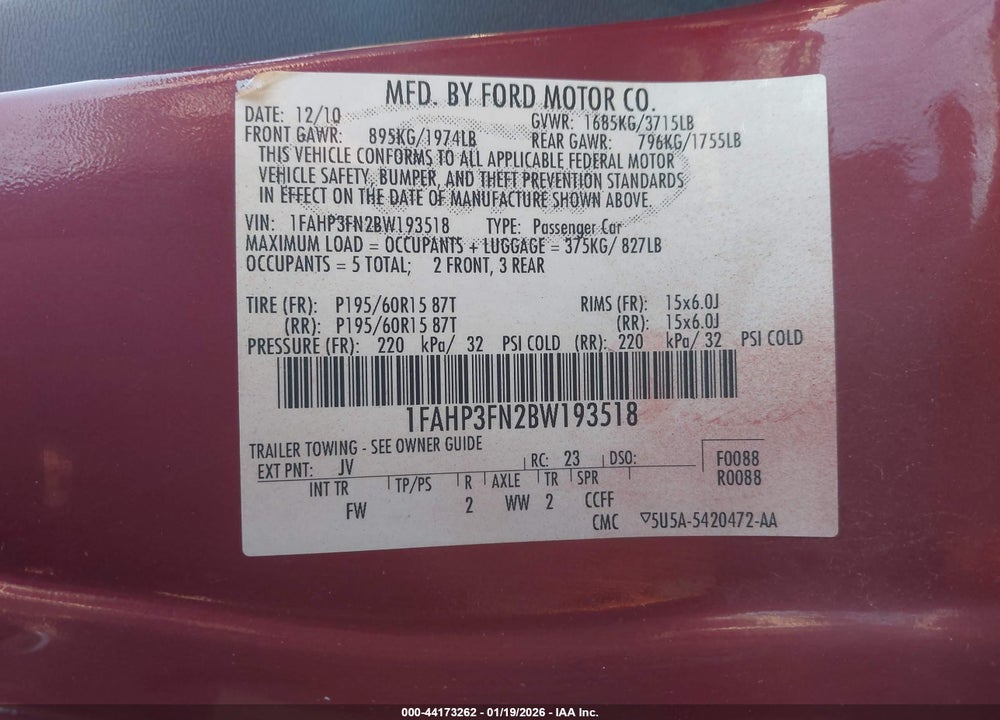 2011 FORD FOCUS SE VIN: 1FAHP3FN2BW193518