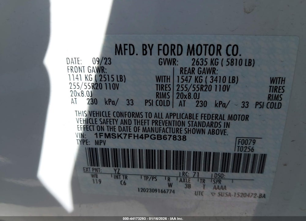 2023 FORD EXPLORER LIMITED VIN: 1FMSK7FH4PGB67838
