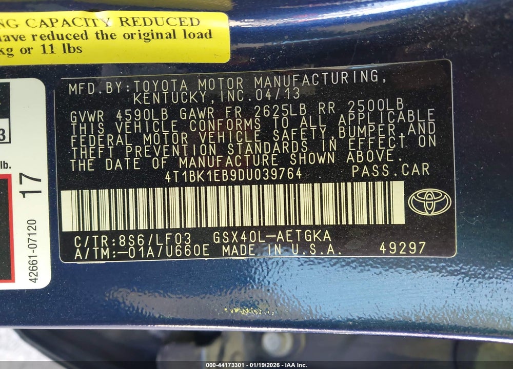 2013 TOYOTA AVALON XLE PREMIUM VIN: 4T1BK1EB9DU039764
