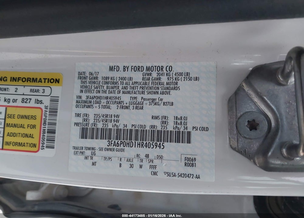 2017 FORD FUSION SE VIN: 3FA6P0HD1HR405945