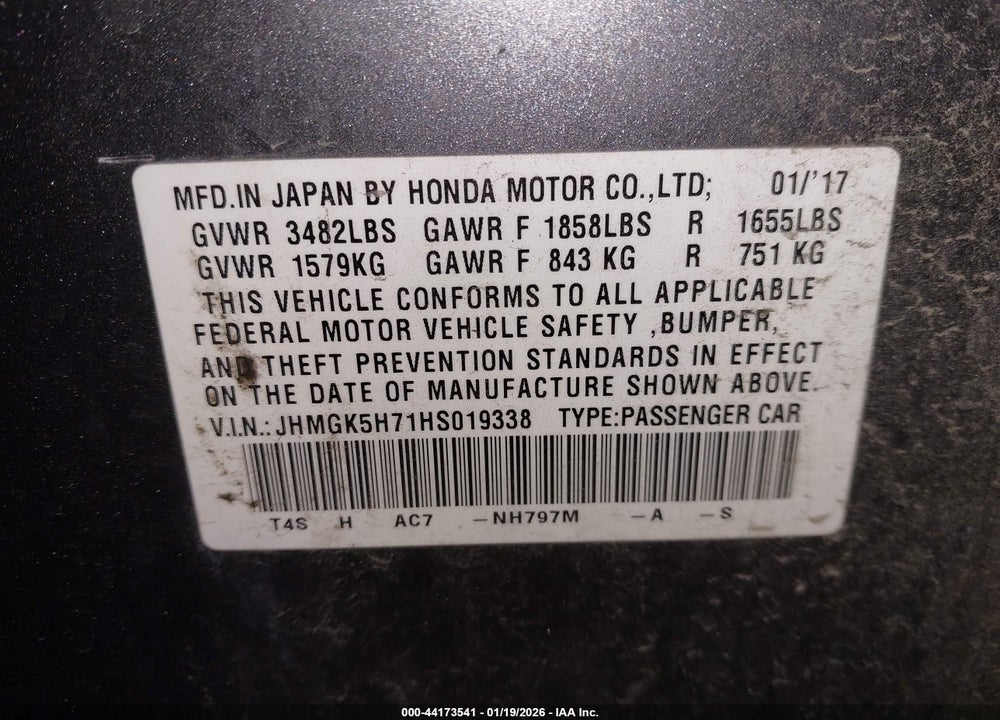 2017 HONDA FIT EX VIN: JHMGK5H71HS019338