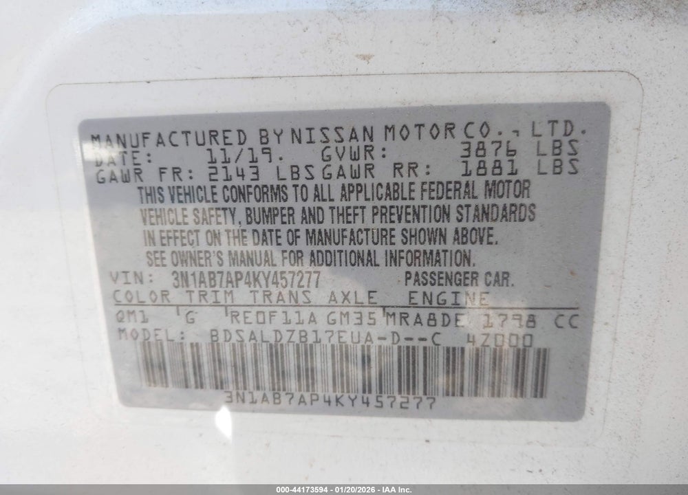 2019 NISSAN SENTRA SV VIN: 3N1AB7AP4KY457277