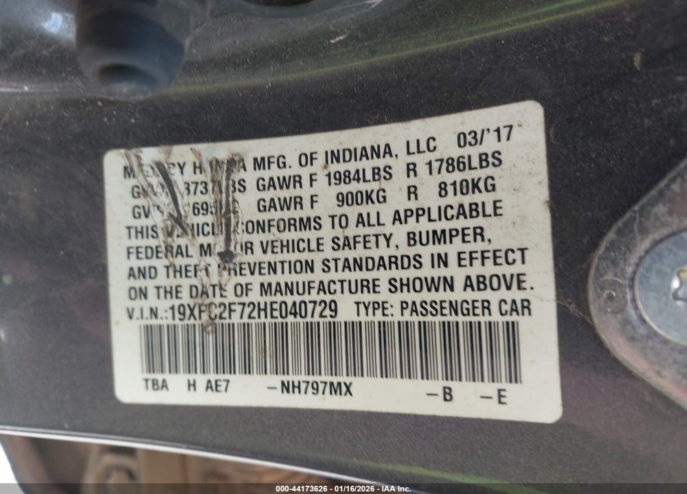 2017 HONDA CIVIC EX VIN: 19XFC2F72HE040729