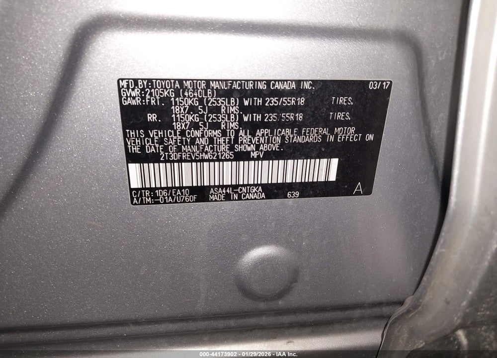 2017 TOYOTA RAV4 LIMITED VIN: 2T3DFREV5HW621265