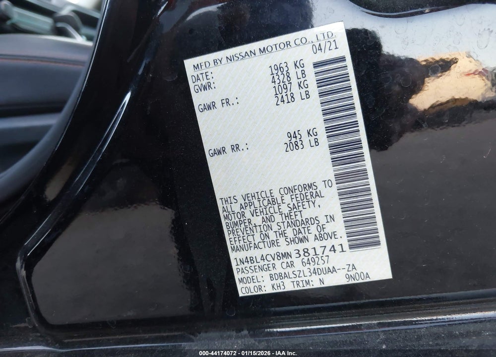 2021 NISSAN ALTIMA SR FWD VIN: 1N4BL4CV8MN381741