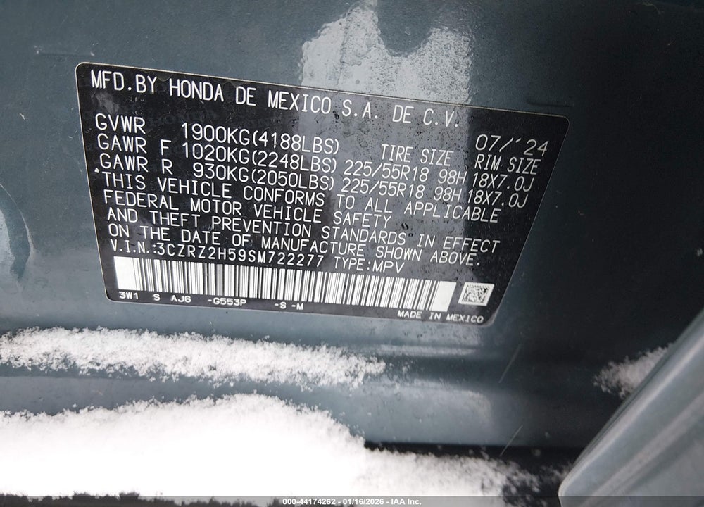 2025 HONDA HR-V AWD SPORT VIN: 3CZRZ2H59SM722277