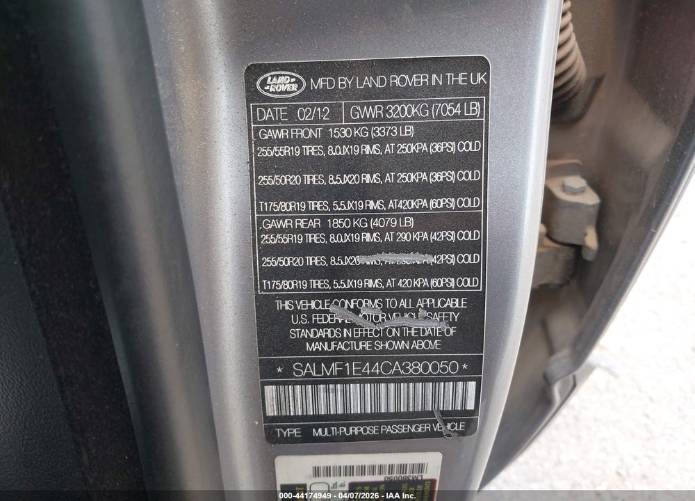 2012 LAND ROVER RANGE ROVER SUPERCHARGED VIN: SALMF1E44CA380050
