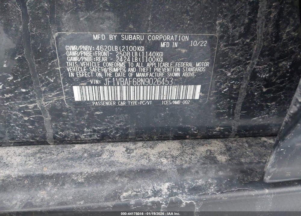 2022 SUBARU WRX PREMIUM VIN: JF1VBAF68N9026453