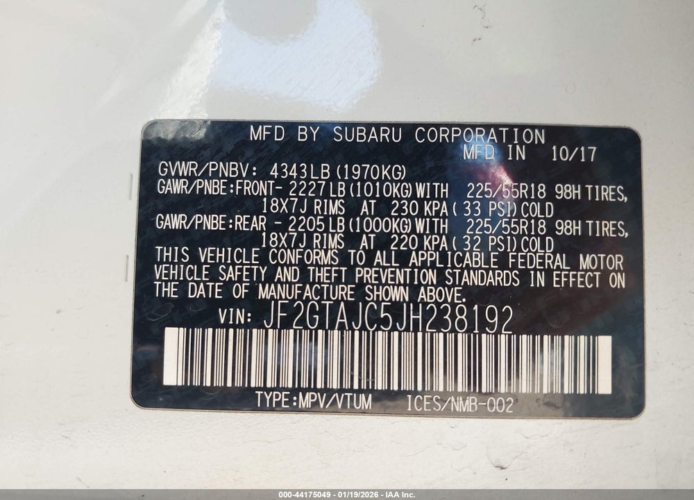 2018 SUBARU CROSSTREK 2.0I LIMITED VIN: JF2GTAJC5JH238192