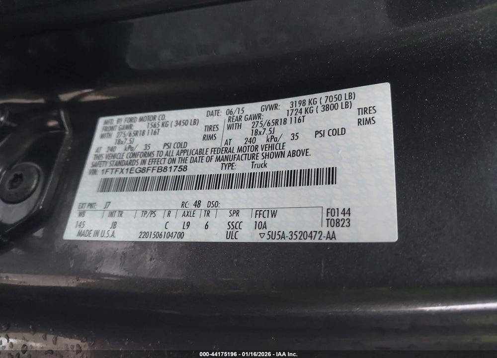 2015 FORD F-150 XLT VIN: 1FTFX1EG8FFB81758
