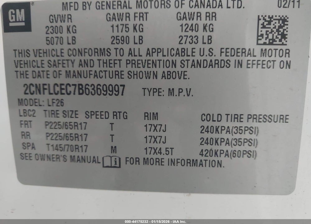 2011 CHEVROLET EQUINOX LS VIN: 2CNFLCEC7B6369997