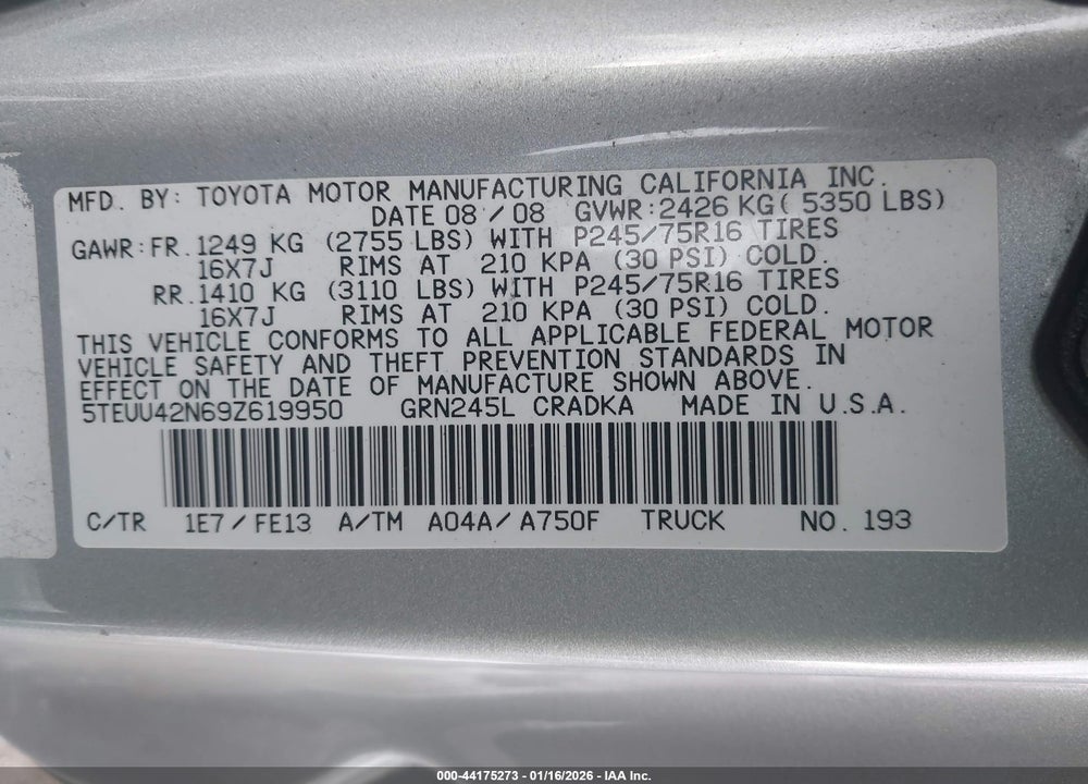2009 TOYOTA TACOMA BASE V6 VIN: 5TEUU42N69Z619950