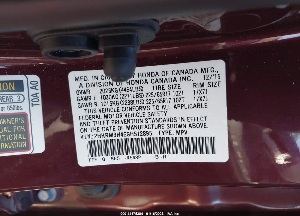 2016 HONDA CR-V SE VIN: 2HKRM3H46GH512895