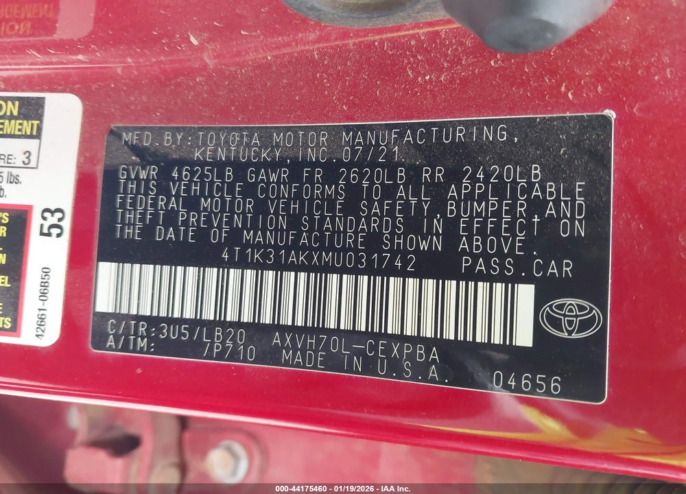 2021 TOYOTA CAMRY XSE HYBRID VIN: 4T1K31AKXMU031742