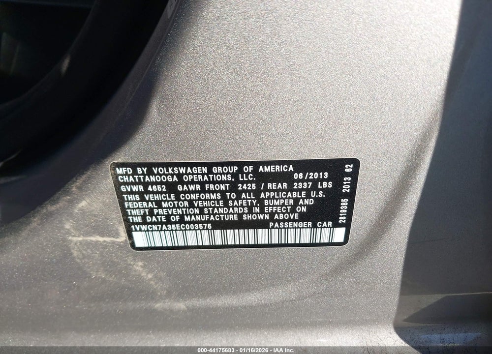 2014 VOLKSWAGEN PASSAT 2.0L TDI SEL PREMIUM VIN: 1VWCN7A35EC003575