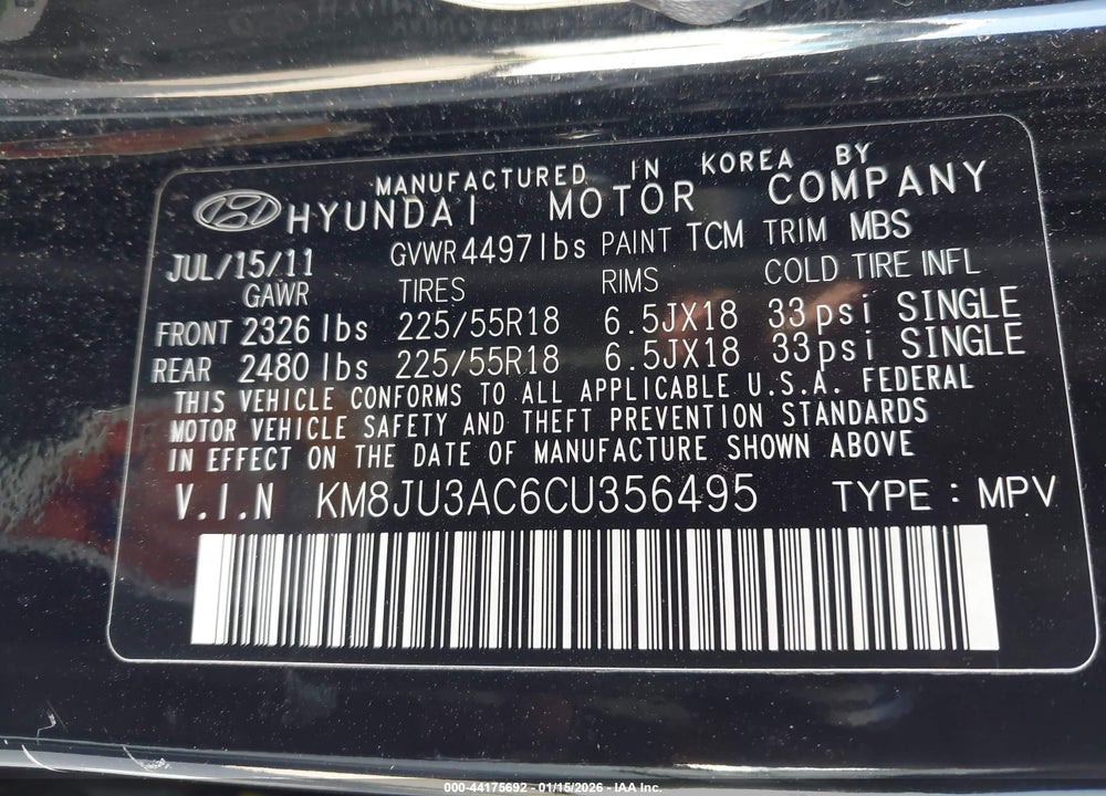 2012 HYUNDAI TUCSON LIMITED VIN: KM8JU3AC6CU356495